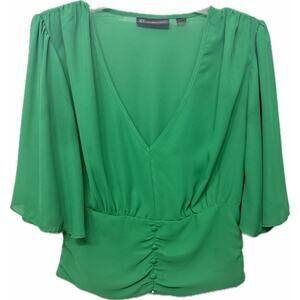 New York & Co. Green V-Neck Blouse w. Button-Front Bodice, 3/4 Bell Sleeves - Sm